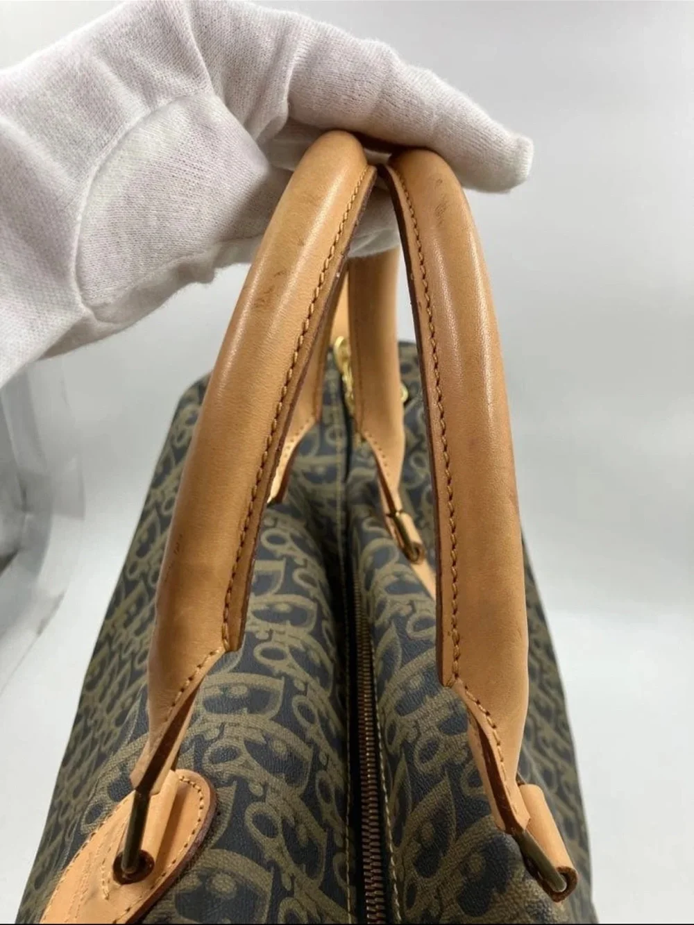 Dior Brown Monogram Satchel with Tan Leather Handles
